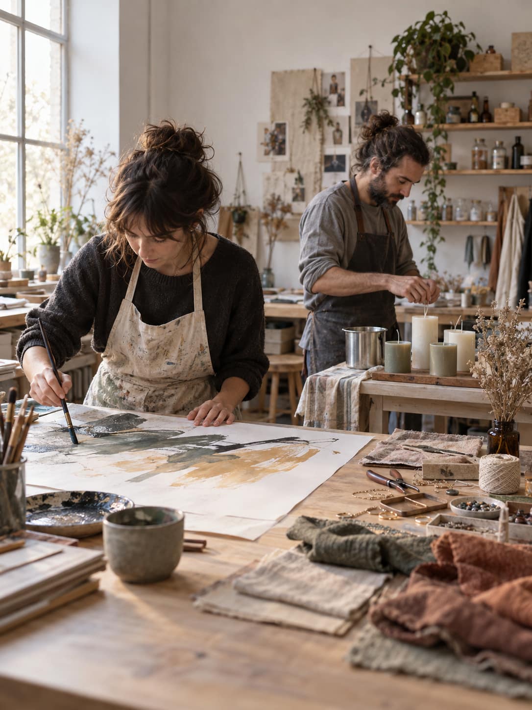 Dos personas trabajan en un taller creativo: una pinta y la otra prepara velas artesanales