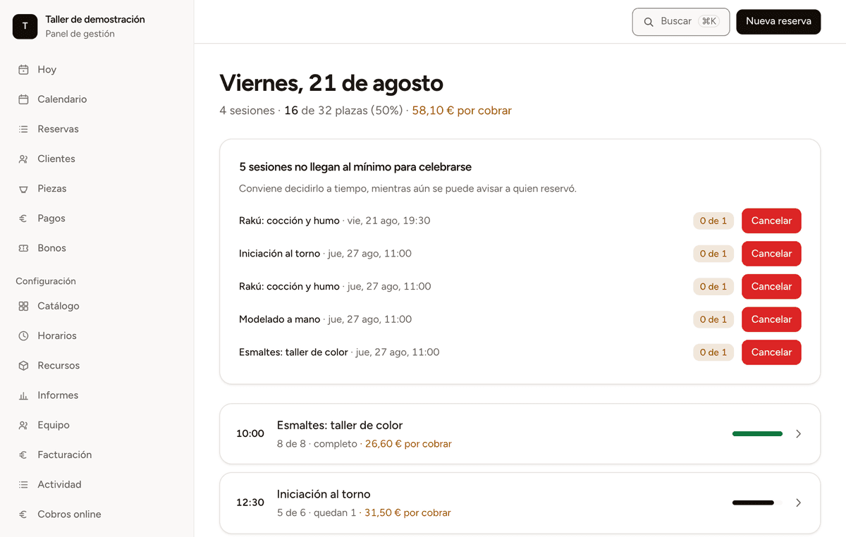 Panel de Aforo: el menú lateral con Reservas, Clientes, Piezas, Pagos, Bonos, Recursos e Informes, y el día abierto con cuatro sesiones, 16 de 32 plazas vendidas y 58,10 € por cobrar