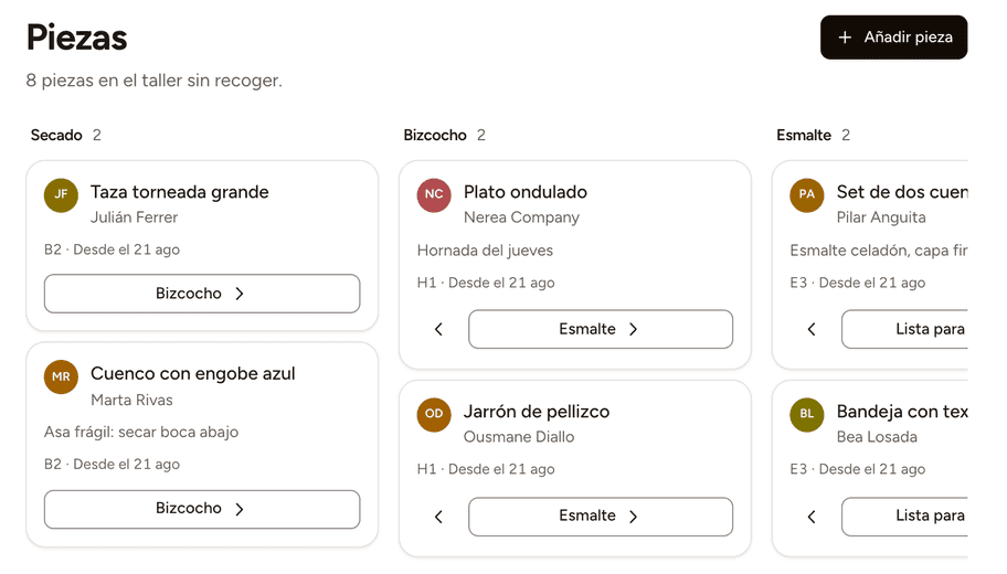 Tablero de piezas de Aforo: ocho piezas sin recoger repartidas en secado, bizcocho y esmalte, cada una con su dueño, su nota y su balda