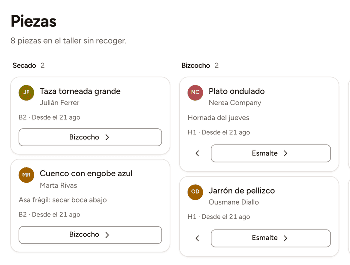Panel de piezas de Aforo: ocho piezas sin recoger, repartidas en columnas por estado —secado, bizcocho, esmalte—, cada una con su dueño, su balda y el botón para pasarla al siguiente estado.