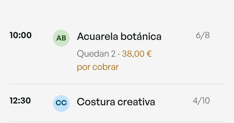 Sesiones en el panel de Aforo con datos de demostración, mostrando hora, plazas ocupadas y cobros pendientes